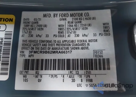 2021 Ford Bronco Sport Big Bend z USA, uszkodzony, nr VIN 3FMCR9B62MRA66317